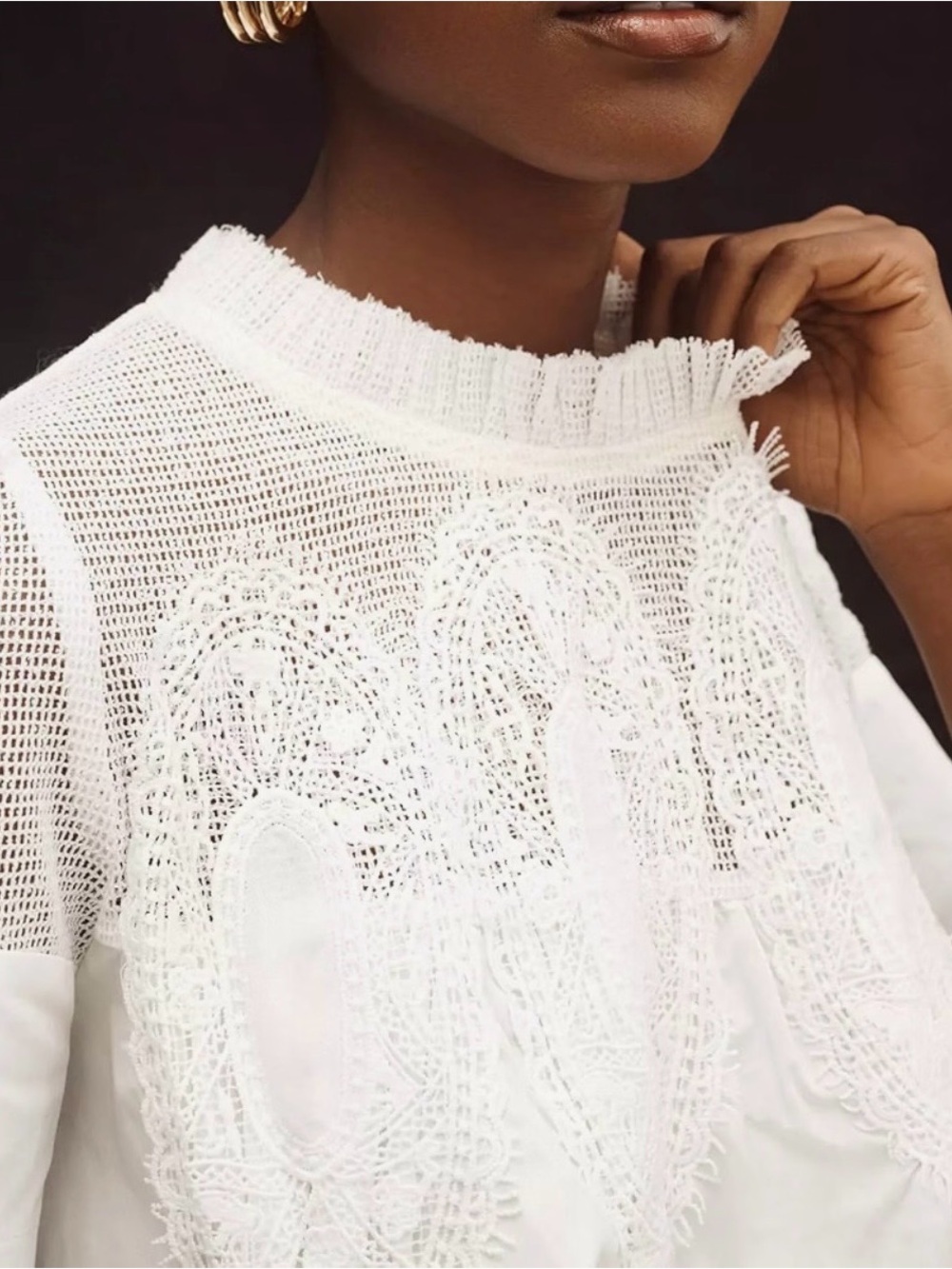 White Lace-Detail Mock Neck Women's Top